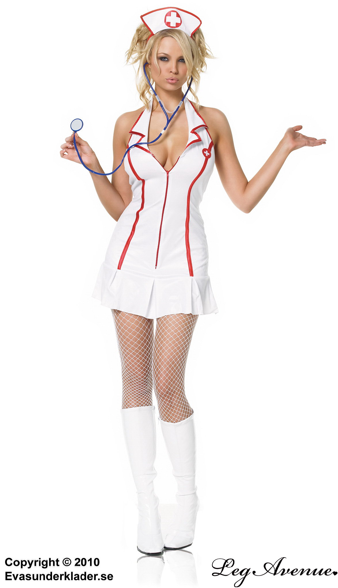 Krankenschwester, Kostüm-Kleid, Neckholder, Kragen, Plissee, Front-Reißverschluss